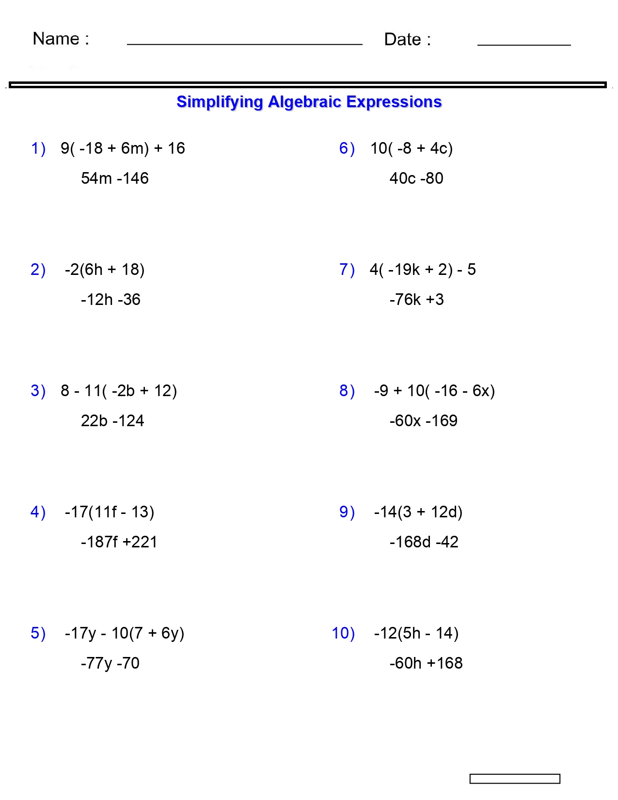 Algebraic Expressions Worksheets Simplifying Variables Worksheets 3 ...