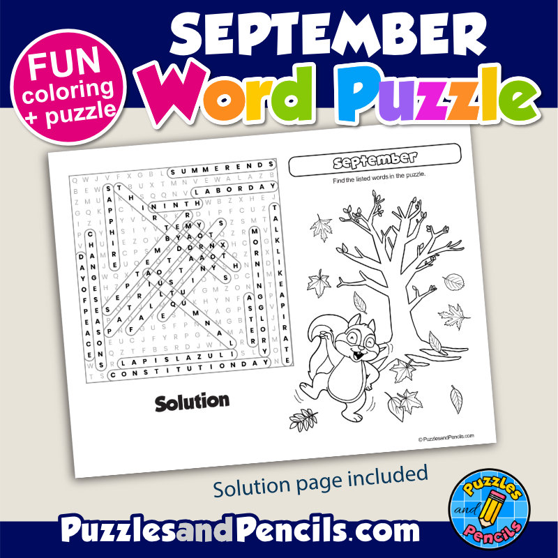 September Word Search Puzzle Activity Page and Coloring | September ...