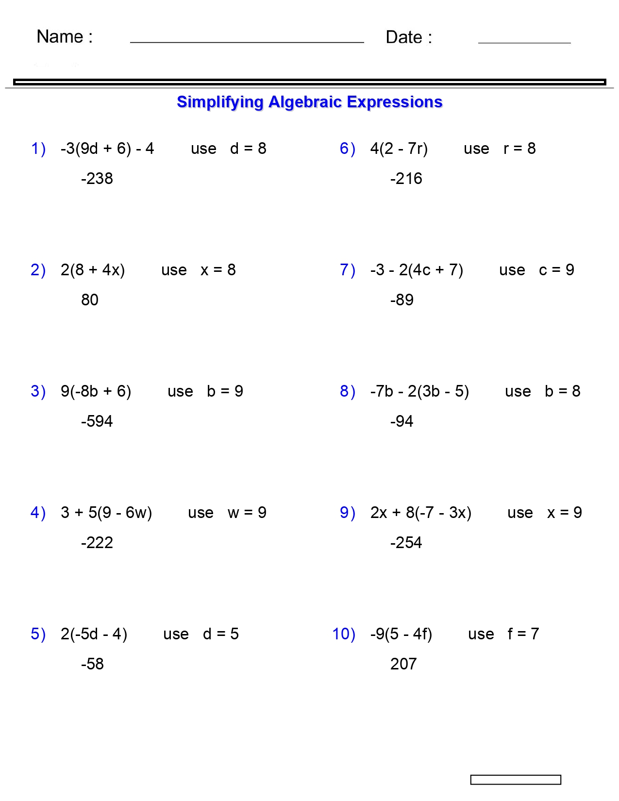 Algebraic Expressions Worksheets Evaluating One Variable Worksheets 3