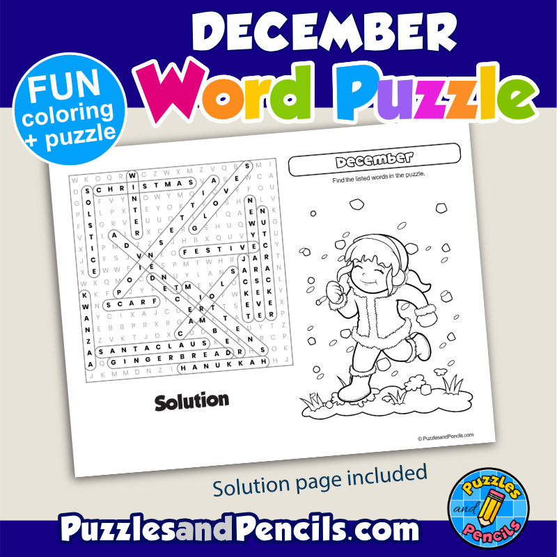 December Word Search Puzzle Activity and Coloring | December Wordsearch | Made By Teachers