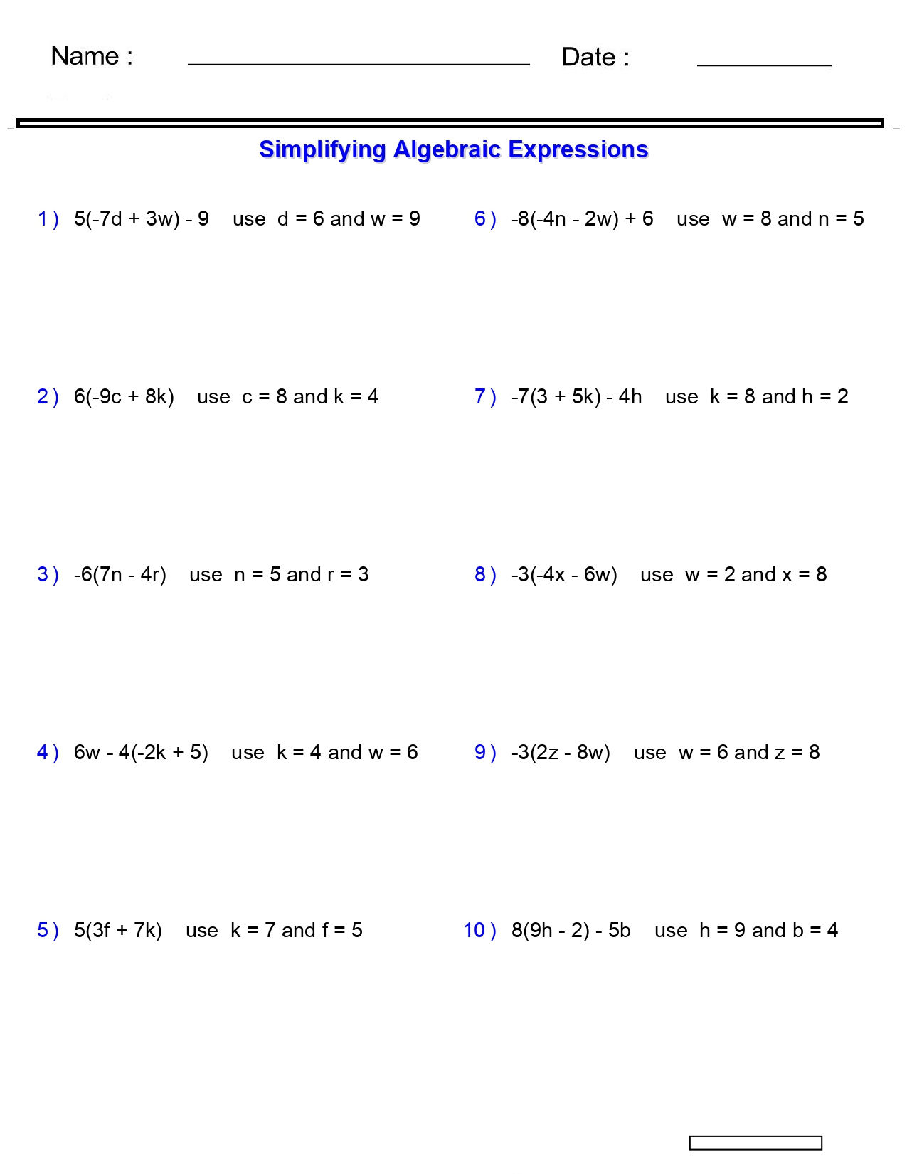 Algebraic Expressions Evaluating Two Variables Worksheets 3- 4 Terms ...