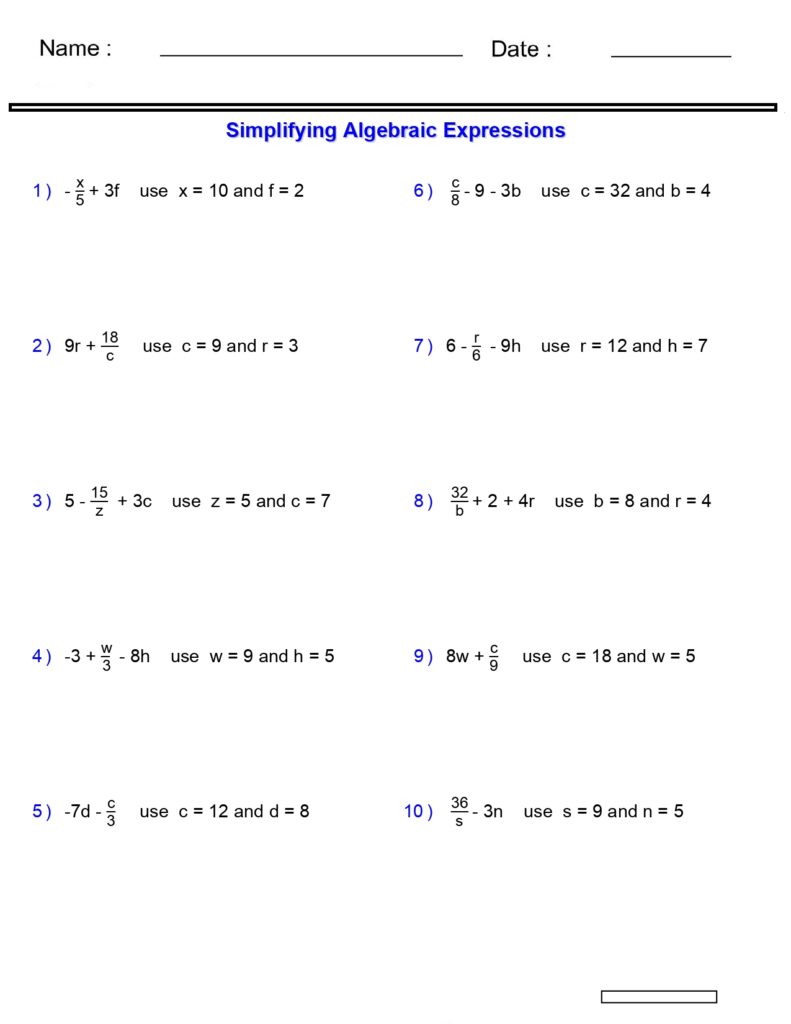 Algebraic Expressions Evaluating Two Variables Worksheets 2- 3 Terms ...