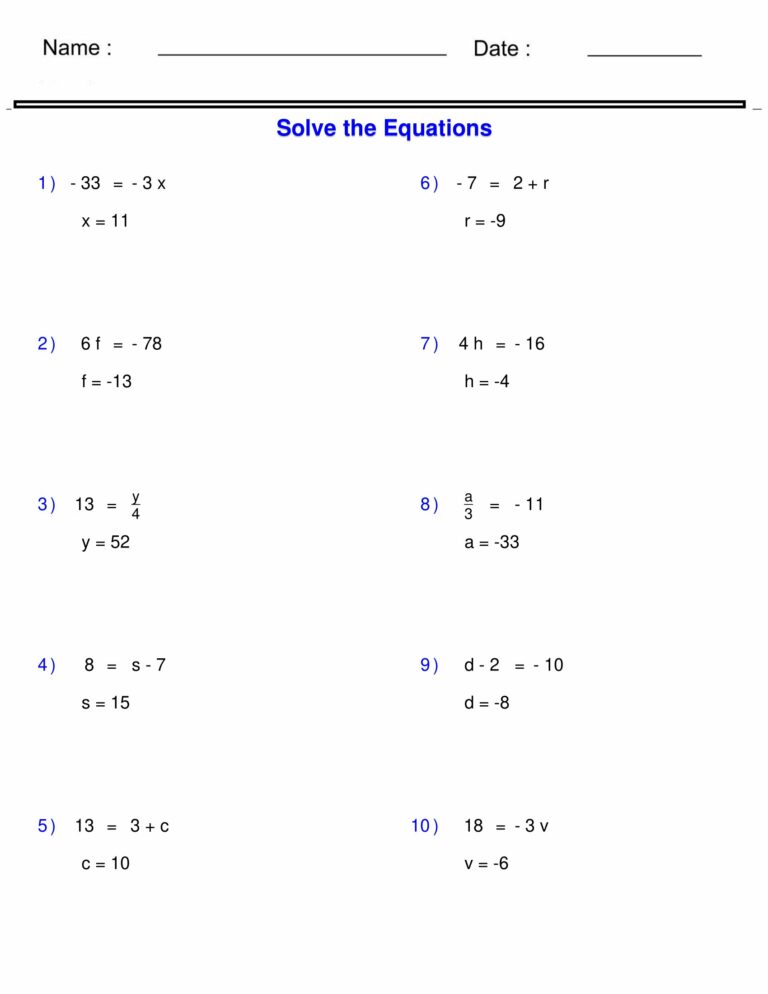 Pre-Algebra - Equations - One Step Equations Containing Integers ...