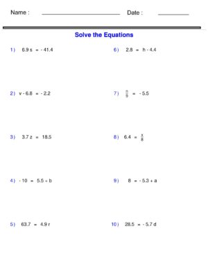 Pre-Algebra - Equations - One Step Equations Containing Decimals ...