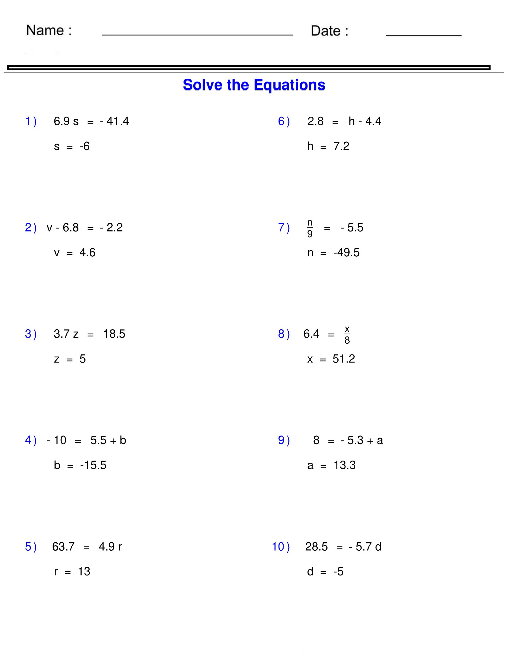 Pre Algebra Equations One Step Equations Containing Decimals