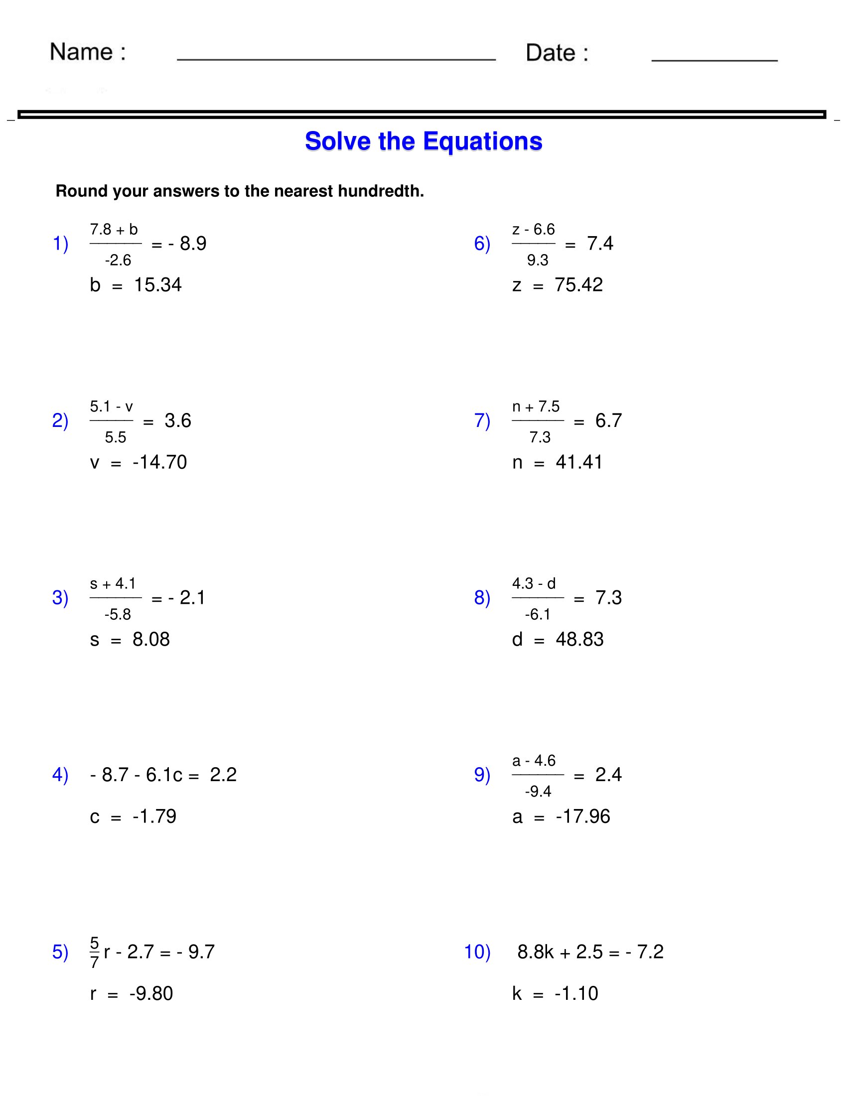 Pre Algebra Equations Two Step Equations Containing Decimals