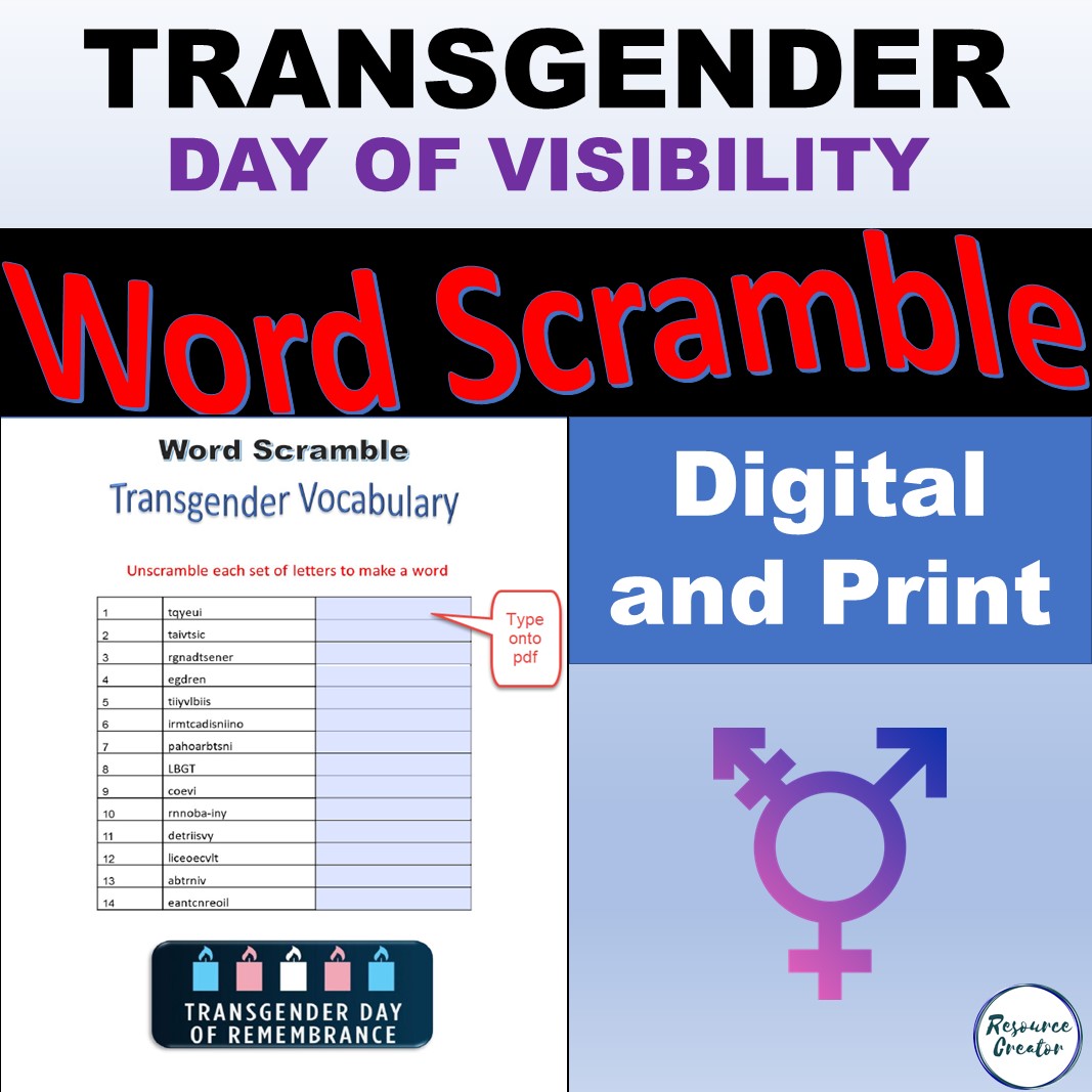 Transgender Word Scramble Digital and Print