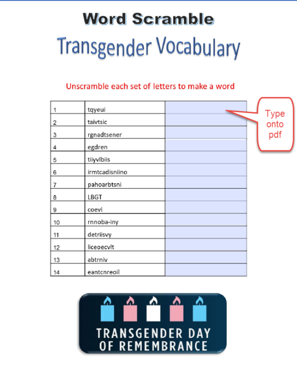 Transgender Word Scramble Digital and Print | Made By Teachers