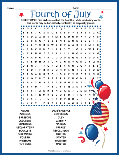 INDEPENDENCE DAY Activity - 4th of July Word Search Worksheet