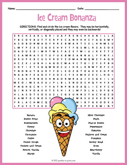 ICE CREAM DAY PARTY Word Search Puzzle Worksheet Activity