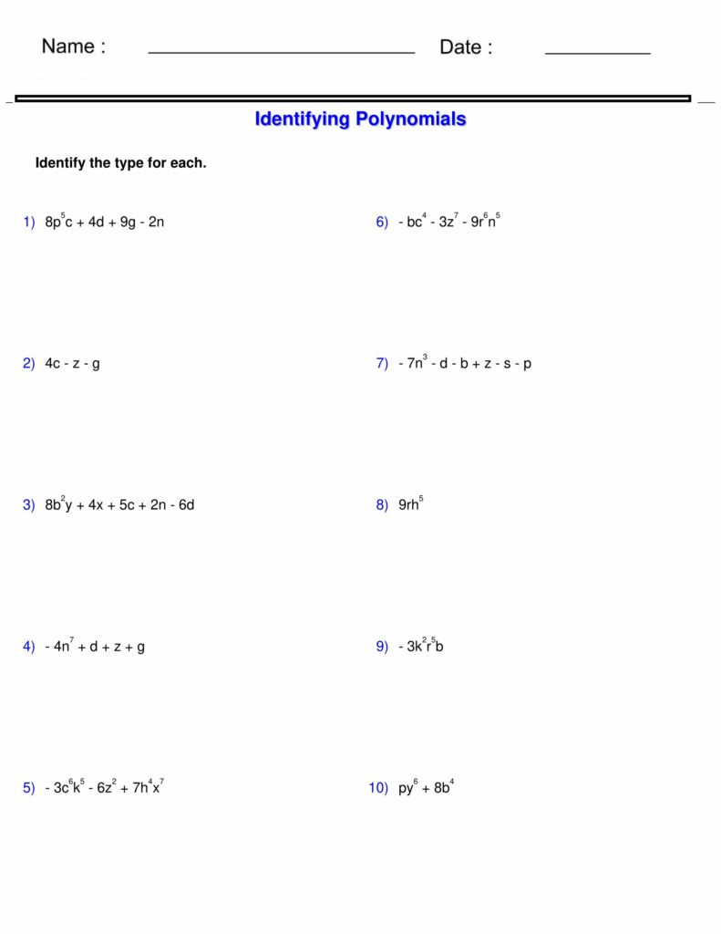 Monomials and Polynomials Worksheets Identifying Type of Polynomials Worksheet Made By Teachers