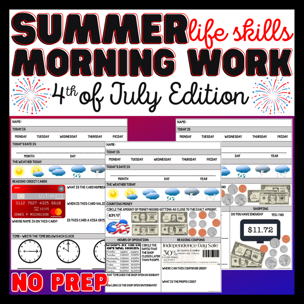 Summer Life Skills Morning Work Summer Edition Special Education
