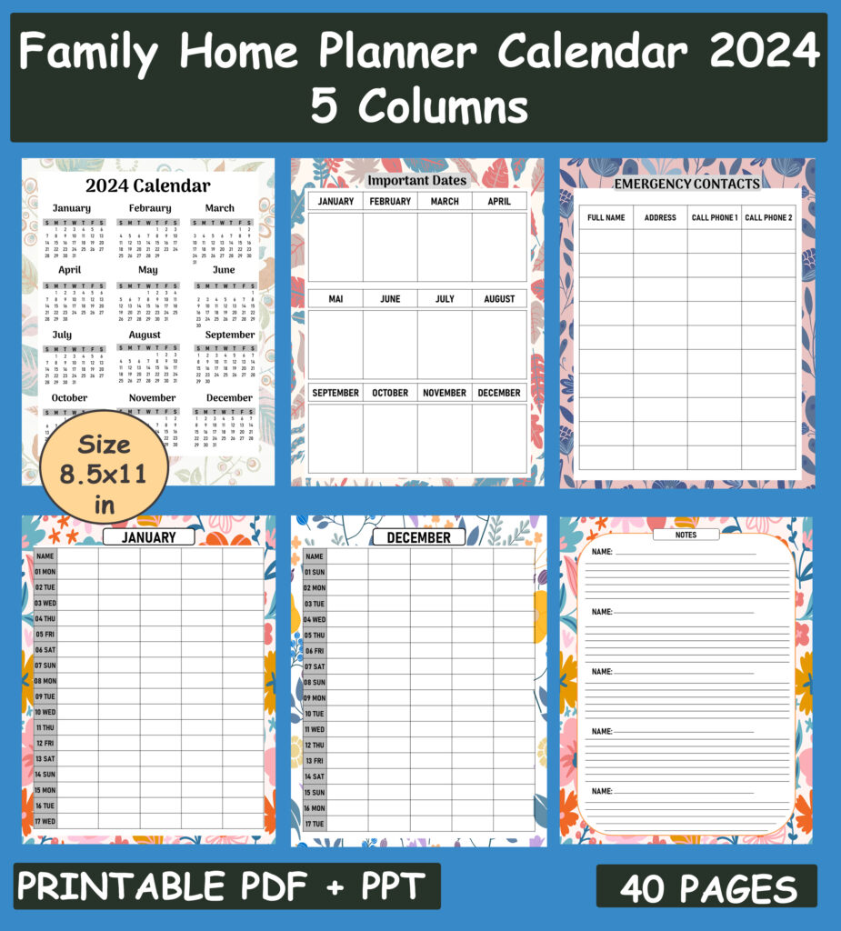 Family Planner 2024 5 Columns Monthly Calendar Journal and Schedule Organizer Made By Teachers
