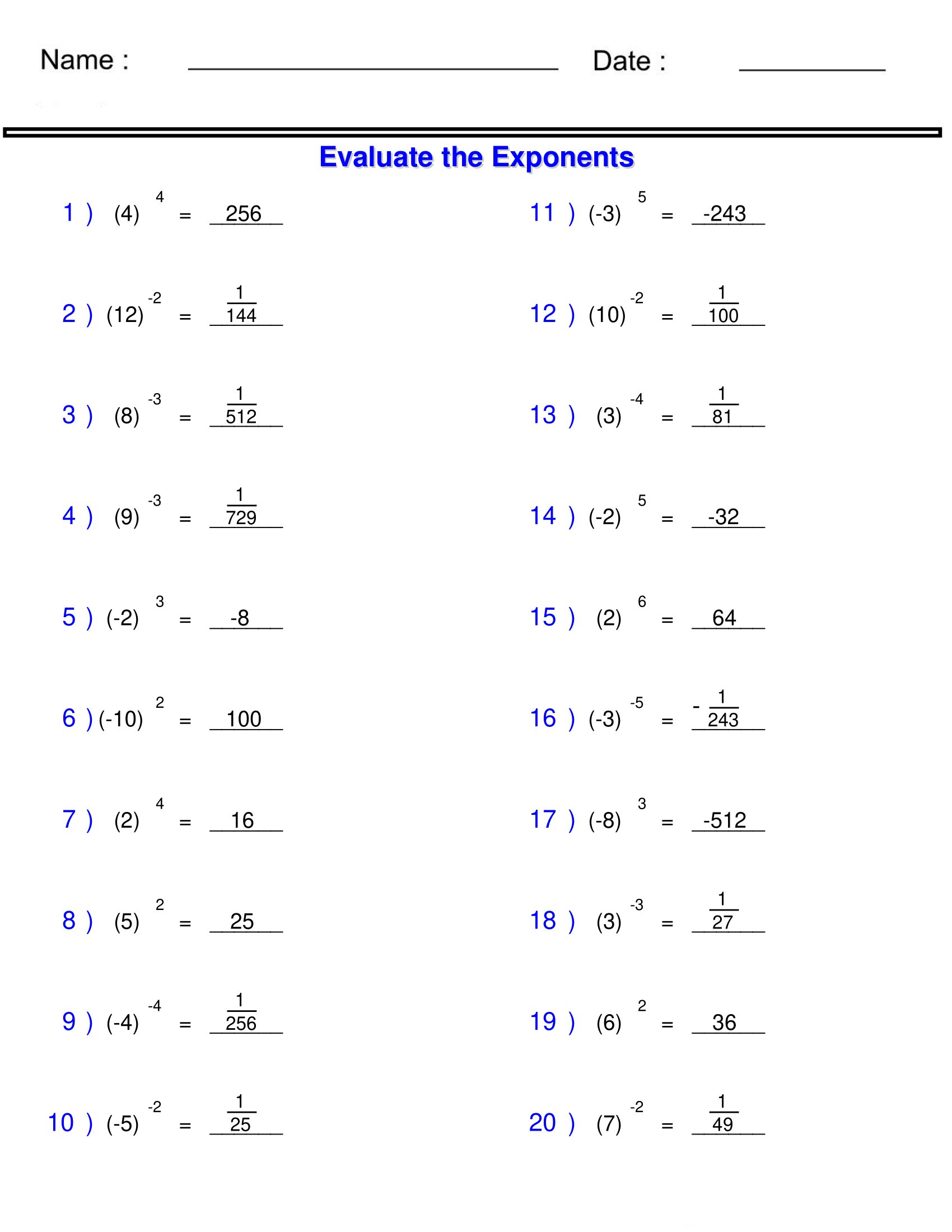 Exponents And Radicals Worksheets Solving Integers With Exponents