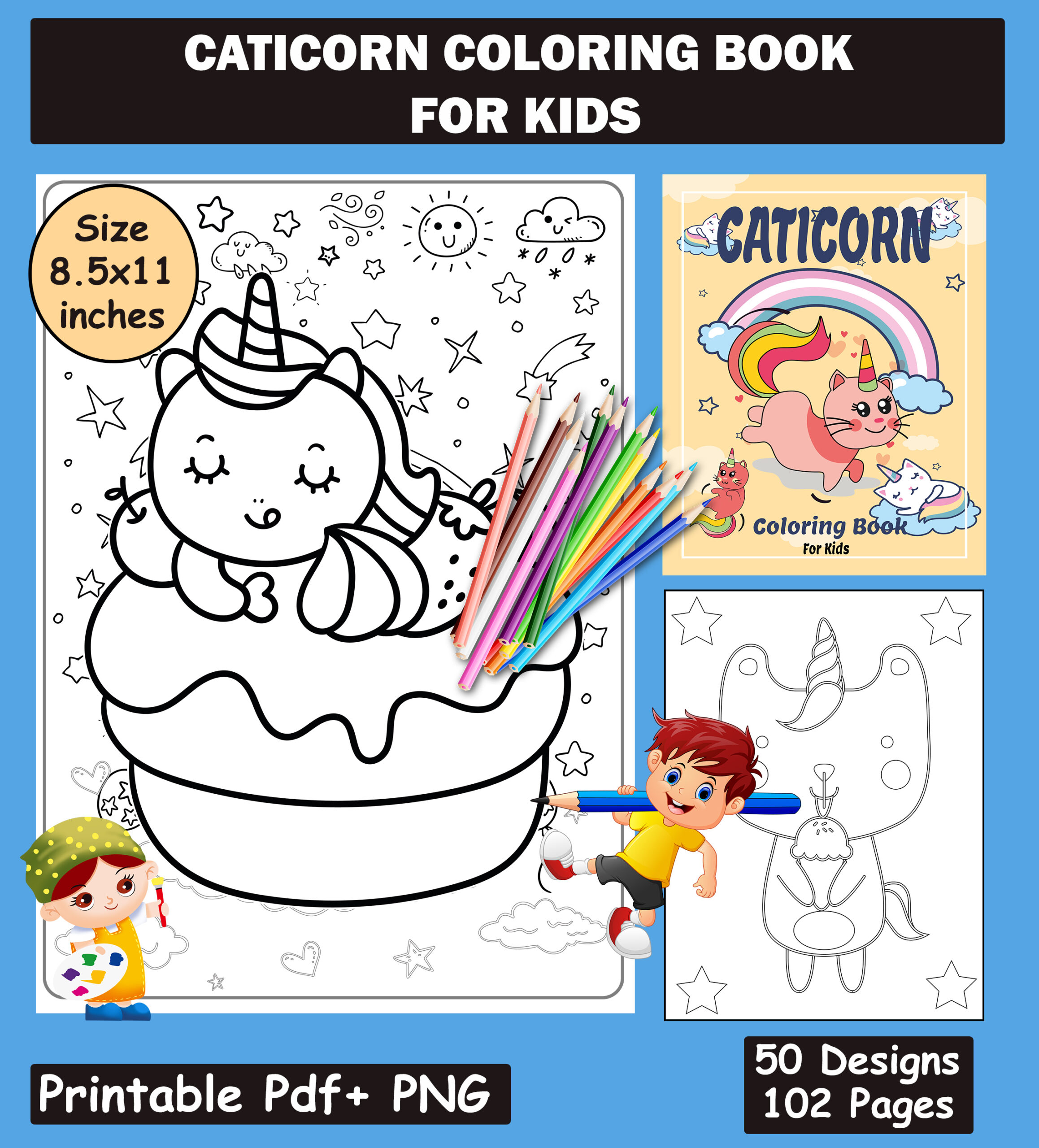 Printable Caticorn Coloring Book For Kids - 50 Fun & Cute caticorn designs ready to color.