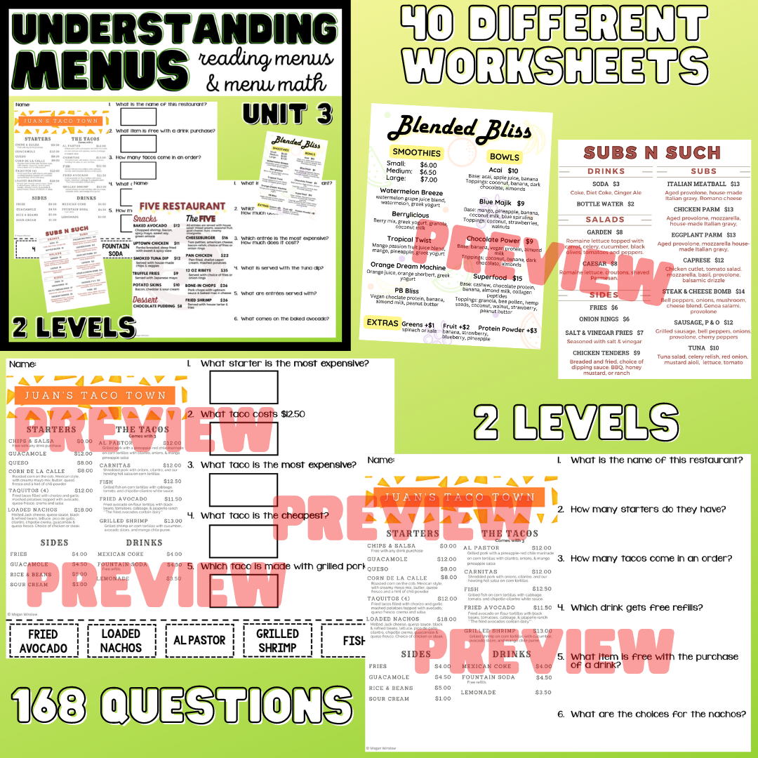 Understanding Menus BUNDLE - Reading Menus & Menu Math - Life Skills ...