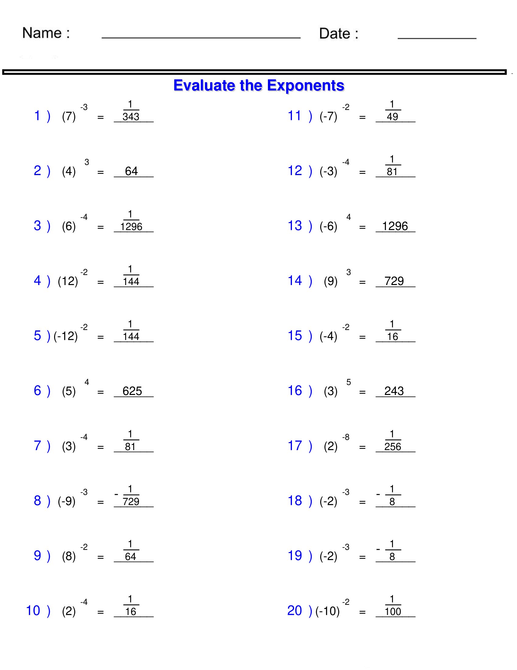 Exponents And Radicals Solving Integers With Exponents Worksheets