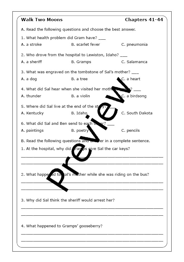 Sharon Creech "Walk Two Moons" worksheets Made By Teachers