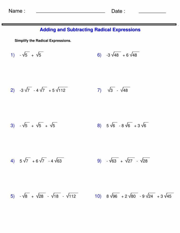 Radicals Worksheets - Adding and Subtracting Radical Expressions | Made ...