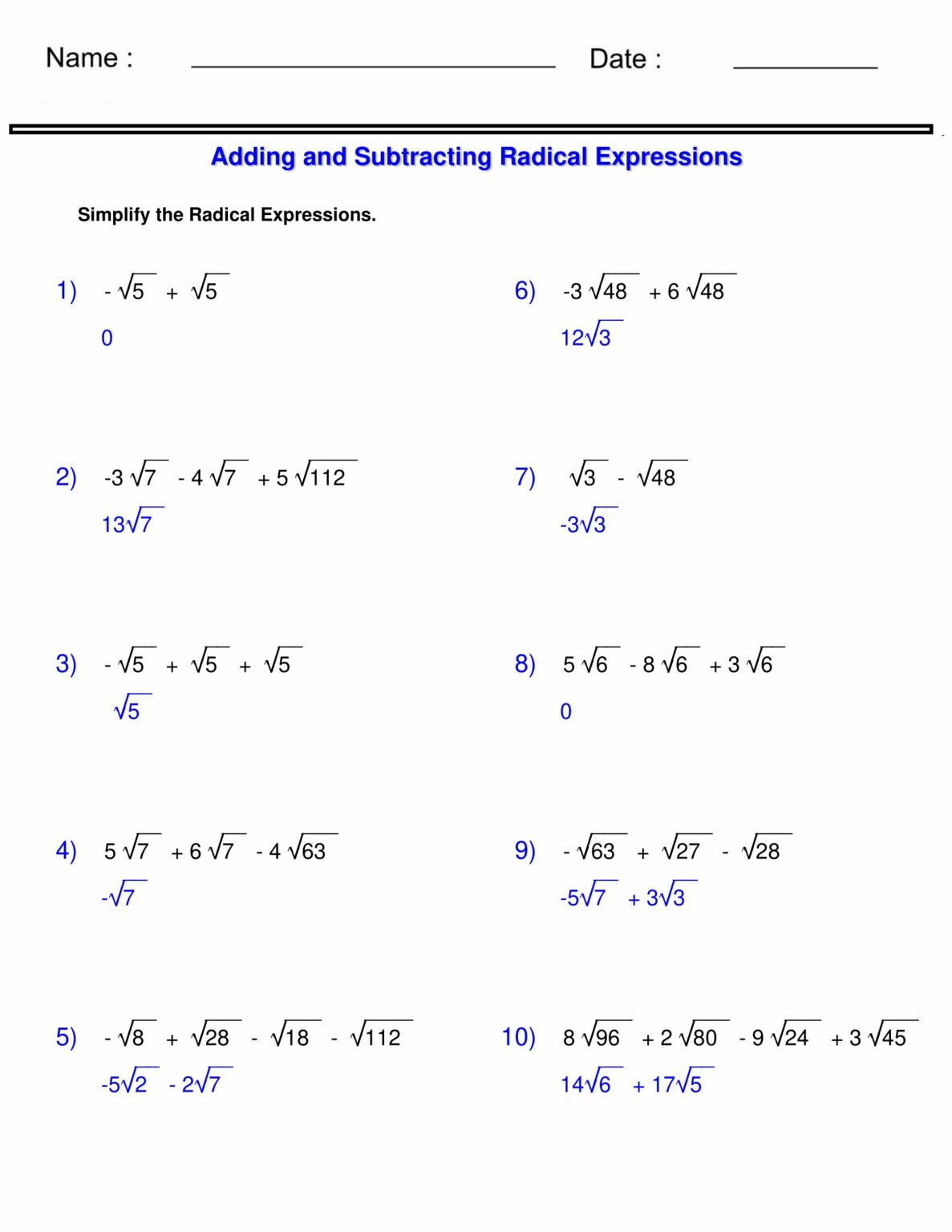 Radicals Worksheets - Adding and Subtracting Radical Expressions | Made ...