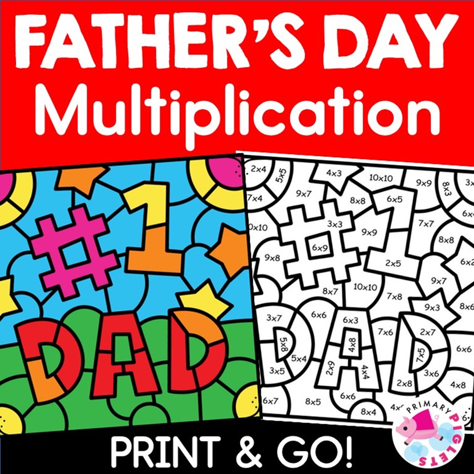 Father's Day Color by Number Code Multiplication Facts Worksheets