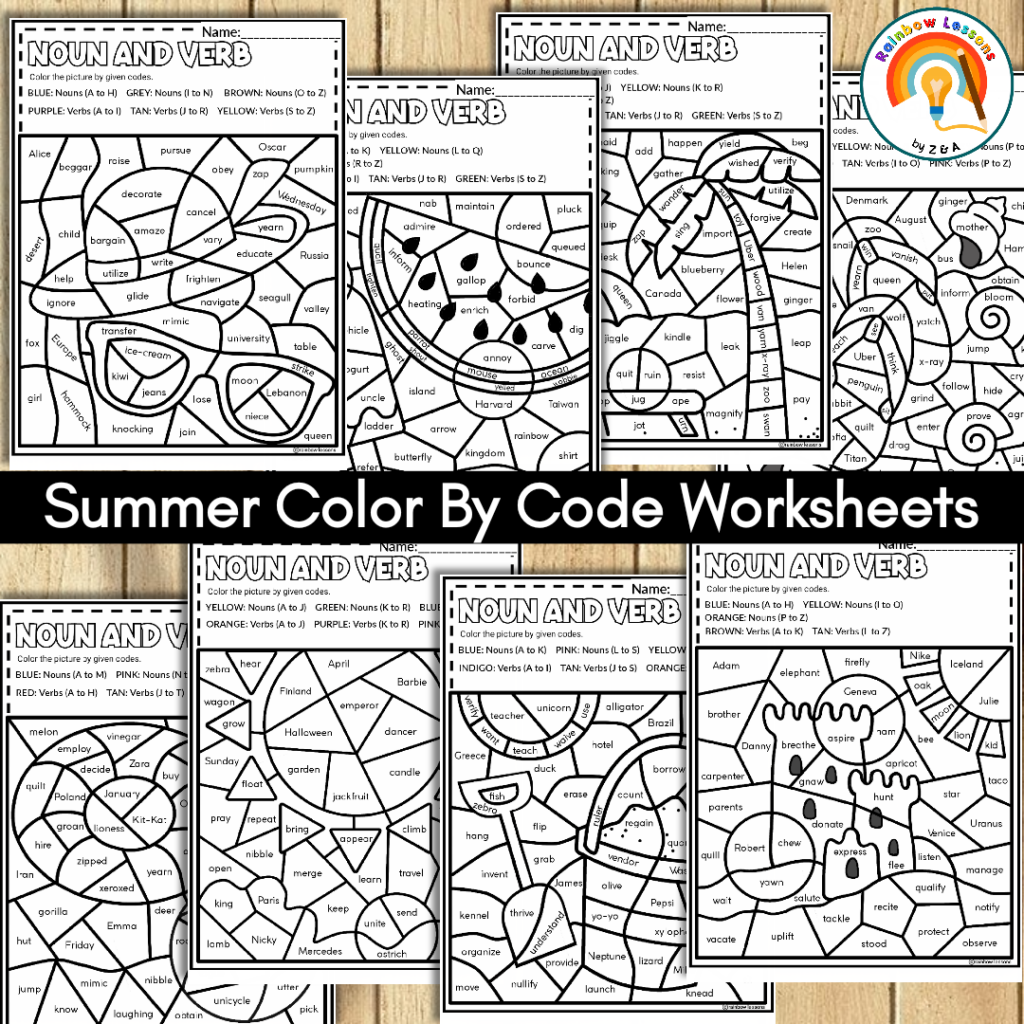 Summer Color By Code | Summer Coloring Pages | Noun and Verb Sort ...