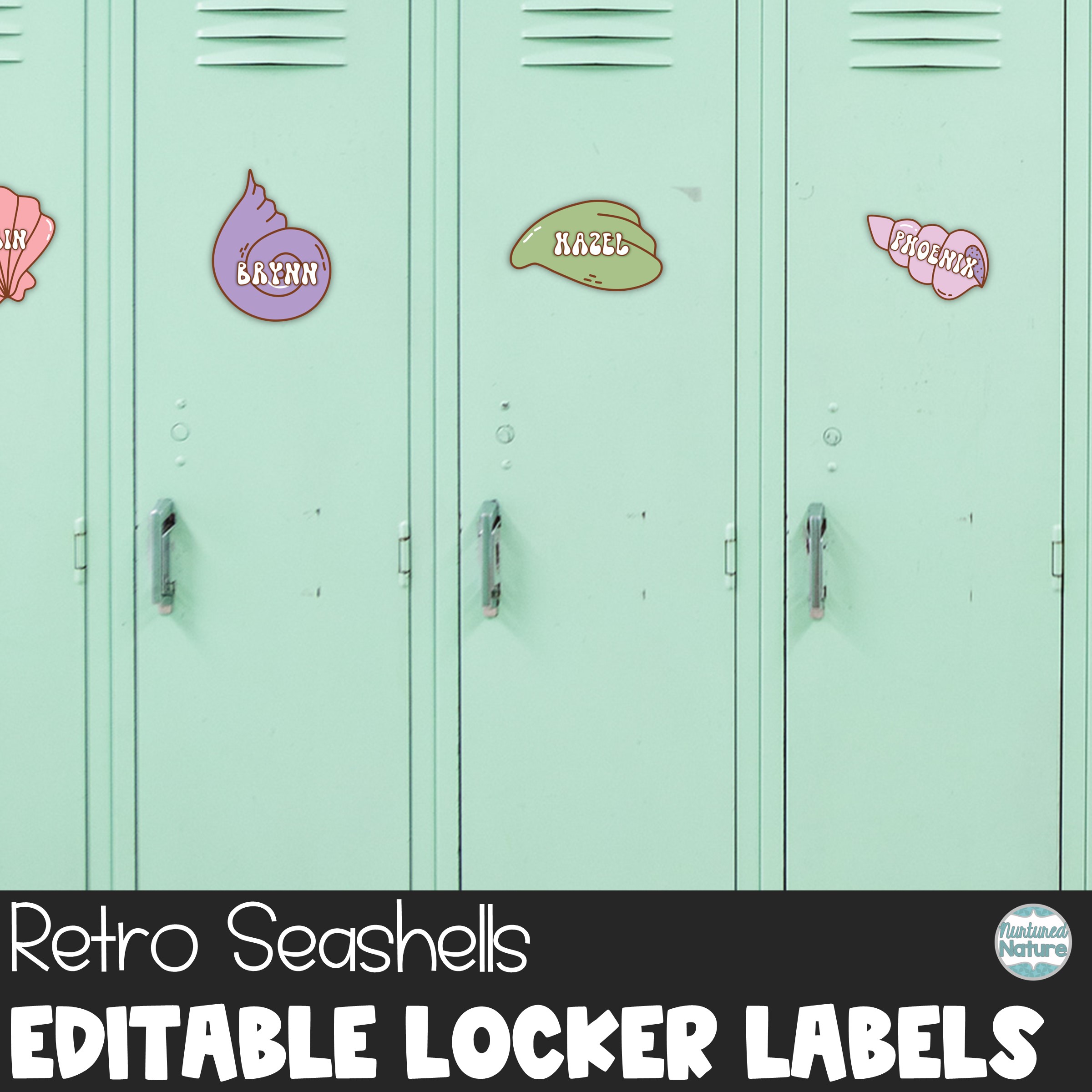 Editable Name Tags- Retro Seashell Cubby or Locker Labels for Summer Beach Theme