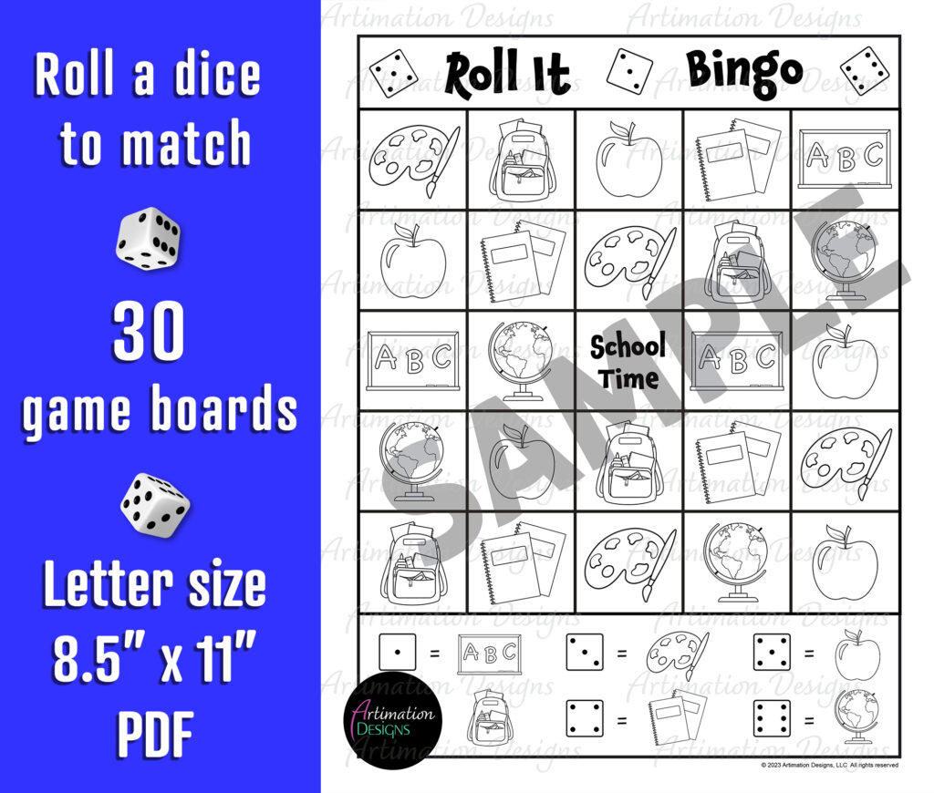 Back to School Bingo Game Roll and Cover Dice Game Bingo Cards