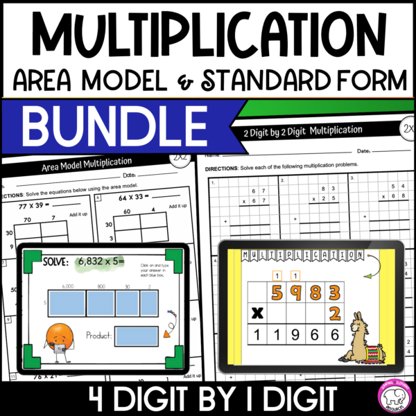 4 Digit by 1 Digit Area Model Multiplication and Standard Algorithm ...