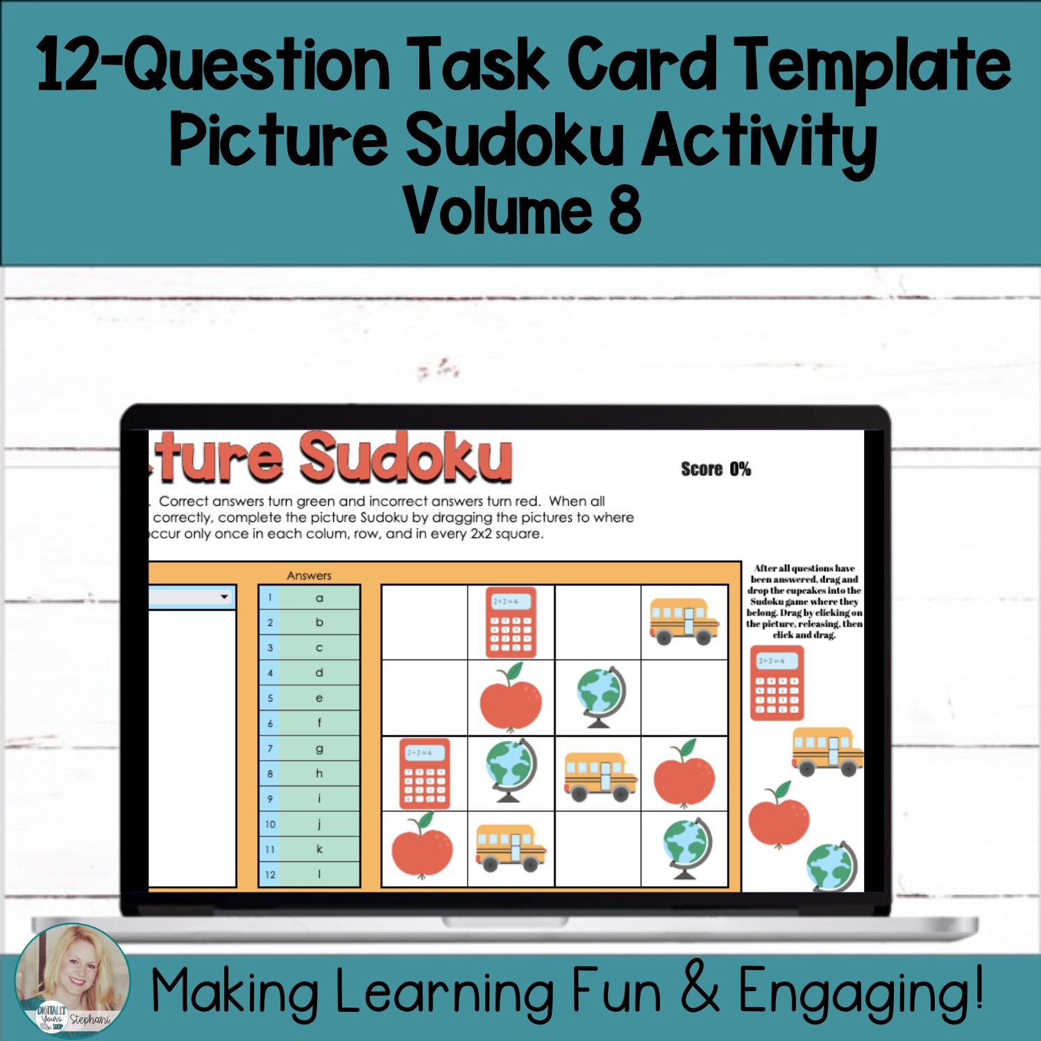 Editable Self-Checking Task Card Template Digital Activity Picture Sudoku Vol.8