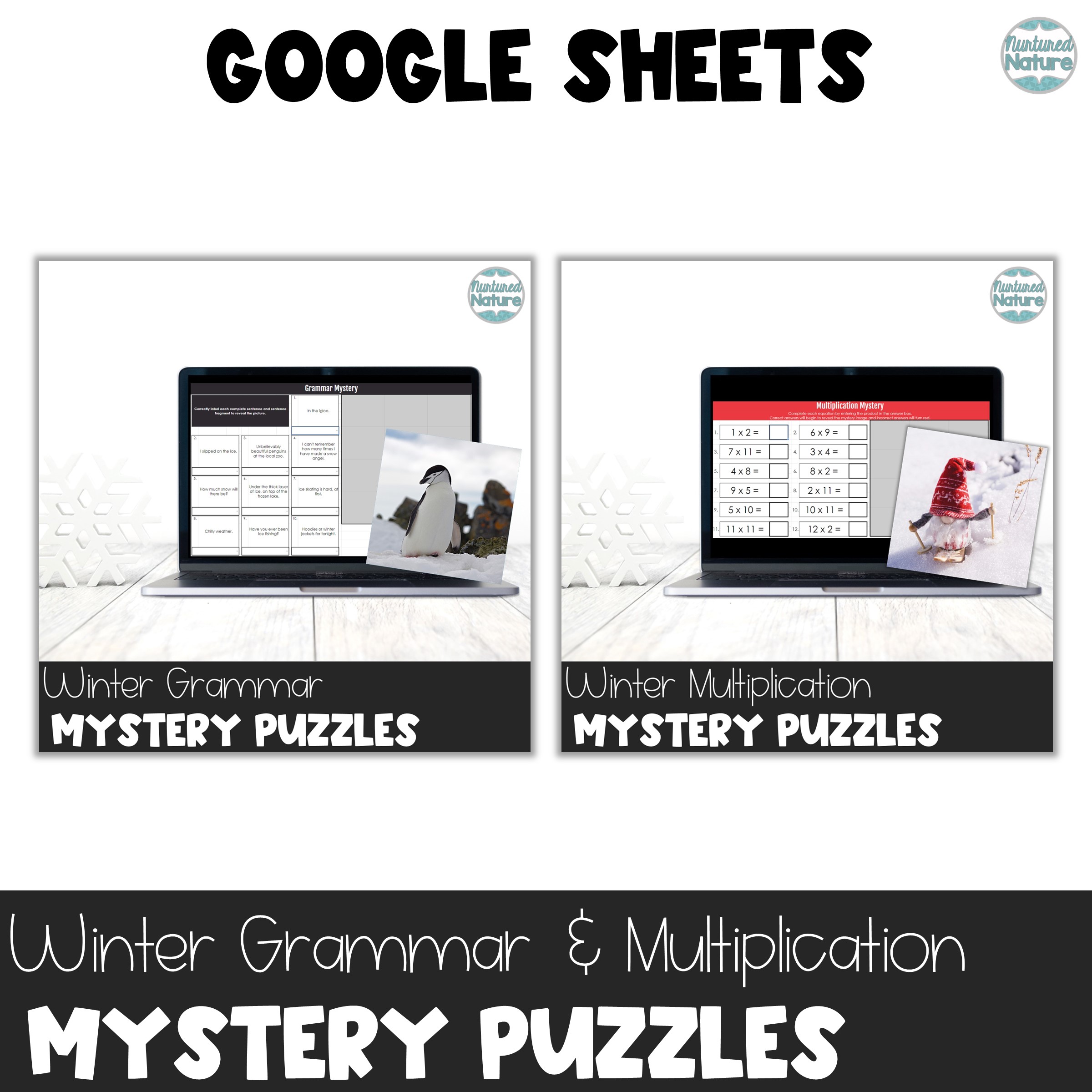 Winter Grammar and Multiplication Facts Fluency 1-12 Pixel Art Puzzles Bundle