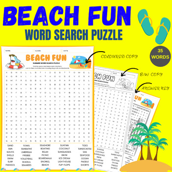 SUMMER BEACH FUN word search, Summer time and end of year ELA activities