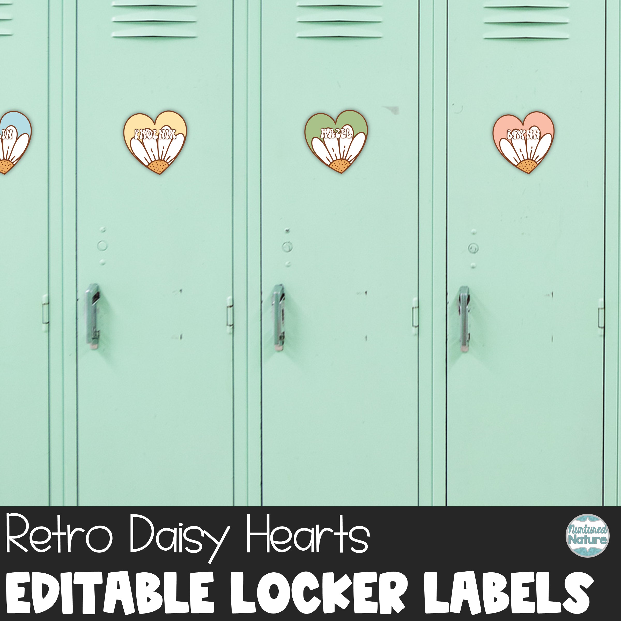 Groovy Daisy Heart Name Tags Editable Locker Labels or Cubby Tags
