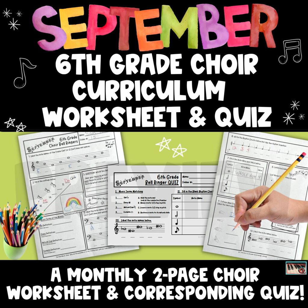 April 8th Grade Choir Curriculum Monthly Worksheet & Quiz Made By