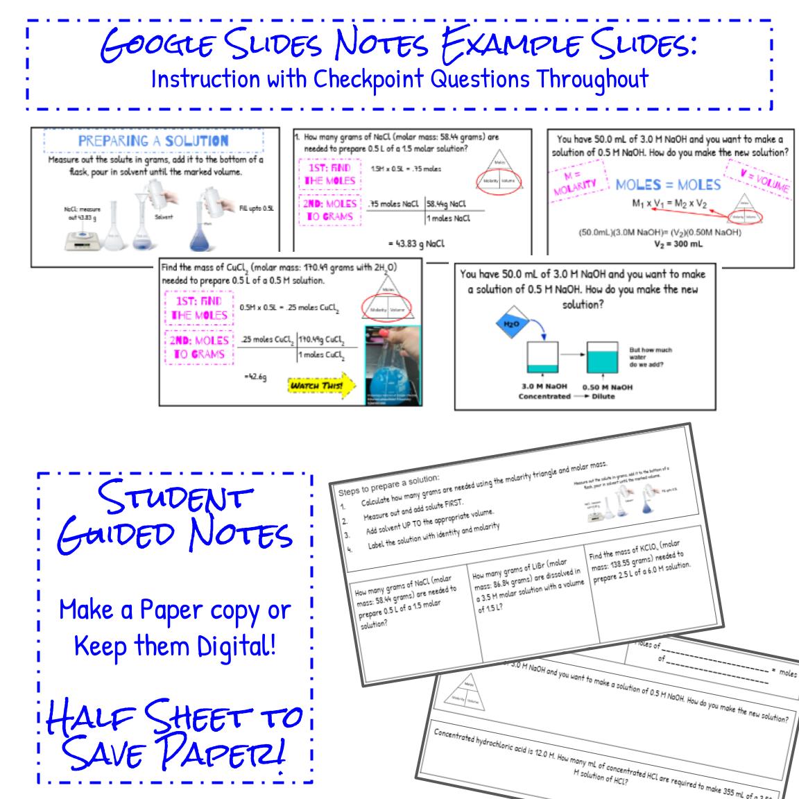 Preparing & Diluting Solutions Google Slides Lesson and Guided Student Notes Made By Teachers