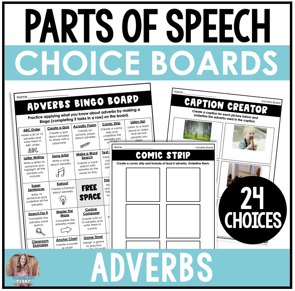 Adverbs Activities Choice Board and Grammar Worksheets for Literacy Centers