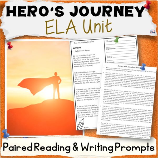 Hero's Journey Unit Middle School Paired Reading, Prompts Print and