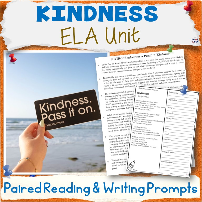 Kindness Unit - Middle School Paired Reading, Prompts - Print and Digital