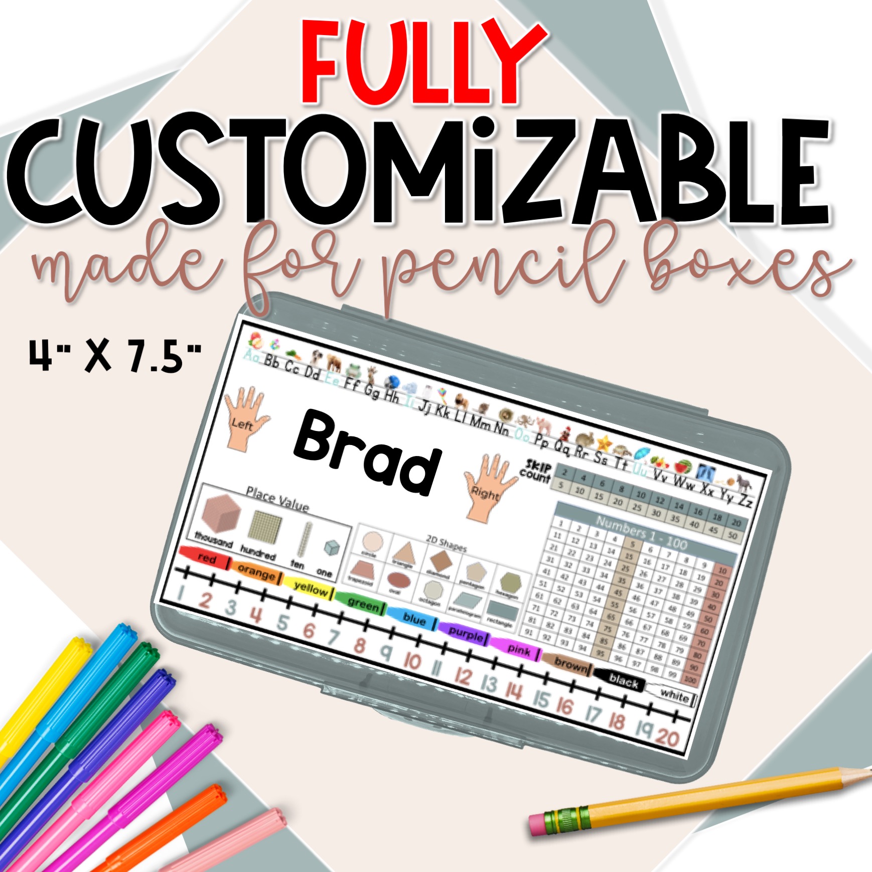 Pencil Box Name Tags Boho Colors Fully Customizable Editable Design