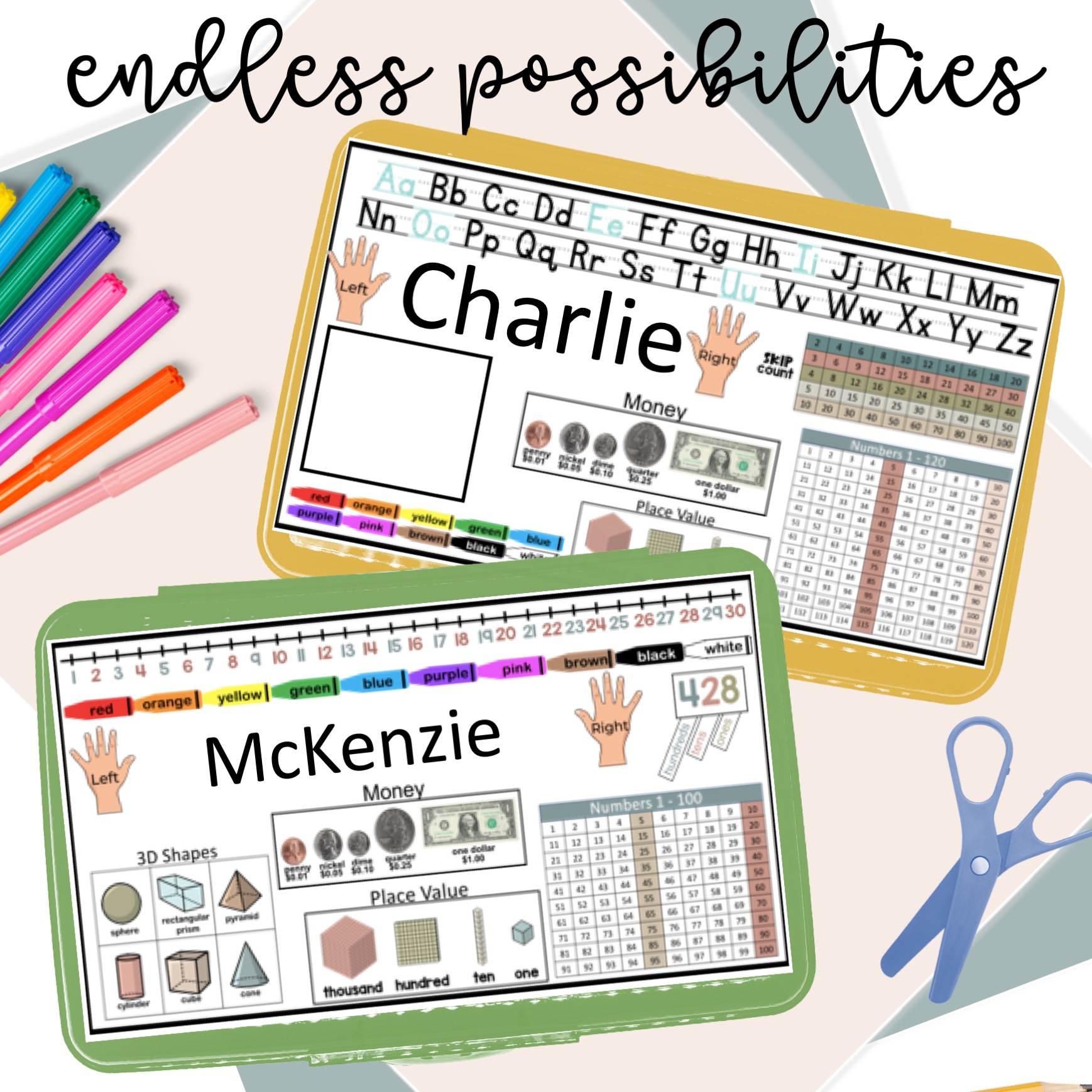 Pencil Box Name Tags Boho Colors Fully Customizable Editable Design