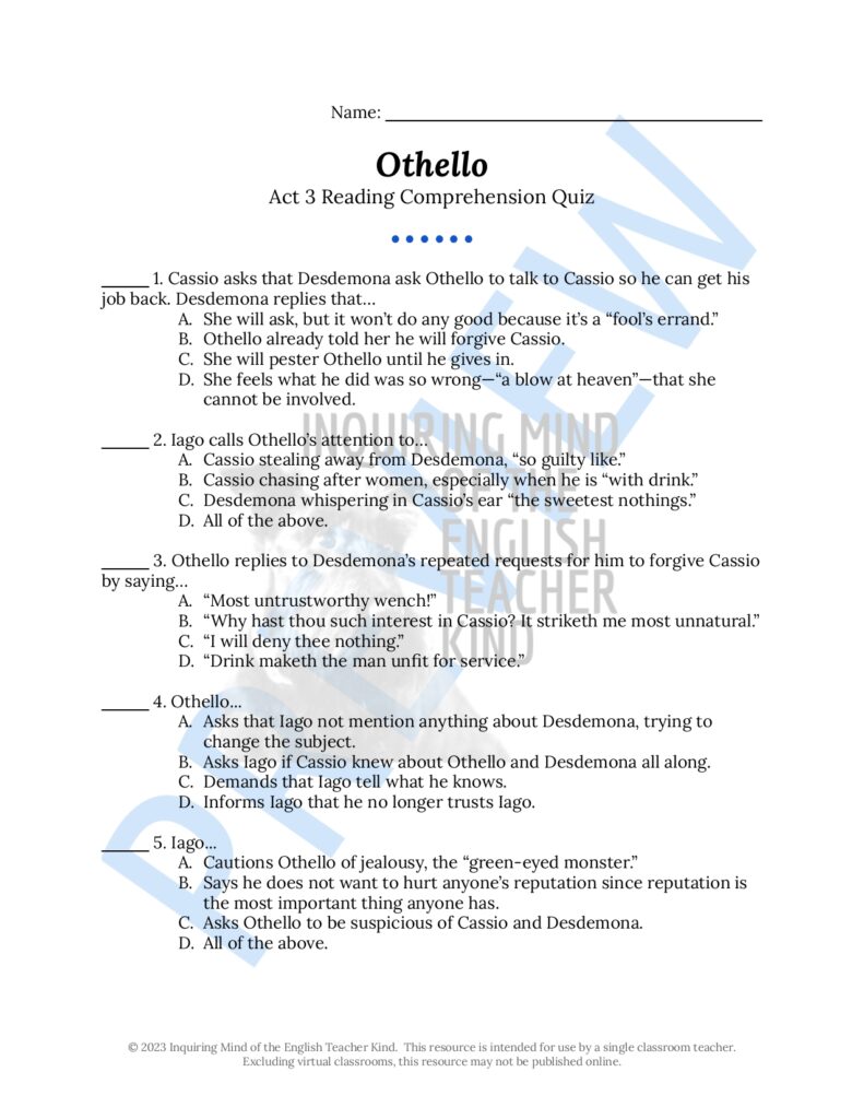 Othello Quiz and Answer Key Bundle for High School | Made By Teachers