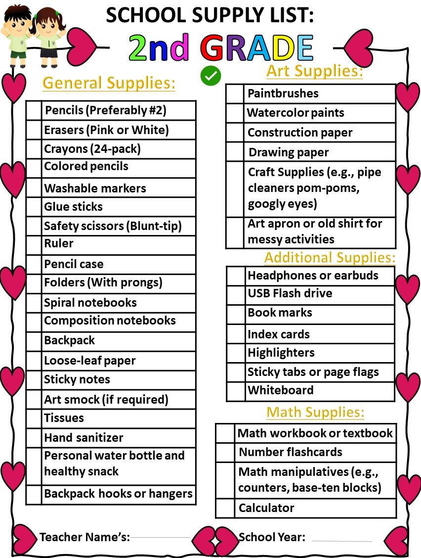 School Supply List Editable Template for 2nd Grade/ Second Grade/Back