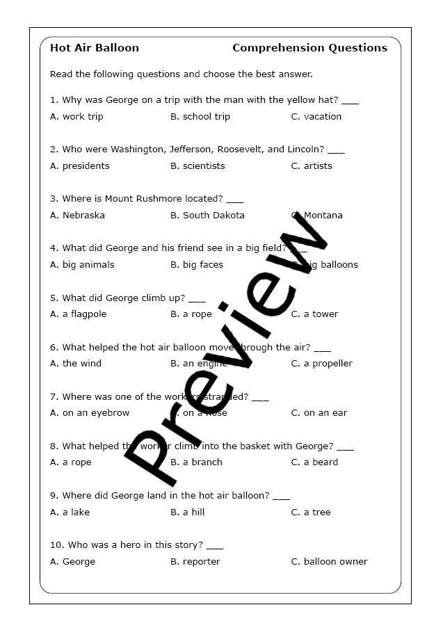 "Curious and the Hot Air Balloon" worksheets Made By Teachers