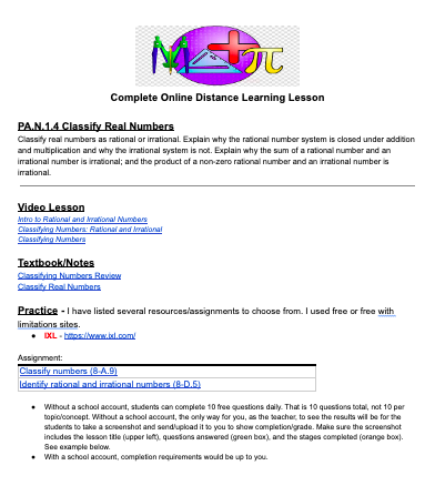 Complete Online Distance Learning 8th Math Classify Real Numbers PA.N.1 ...