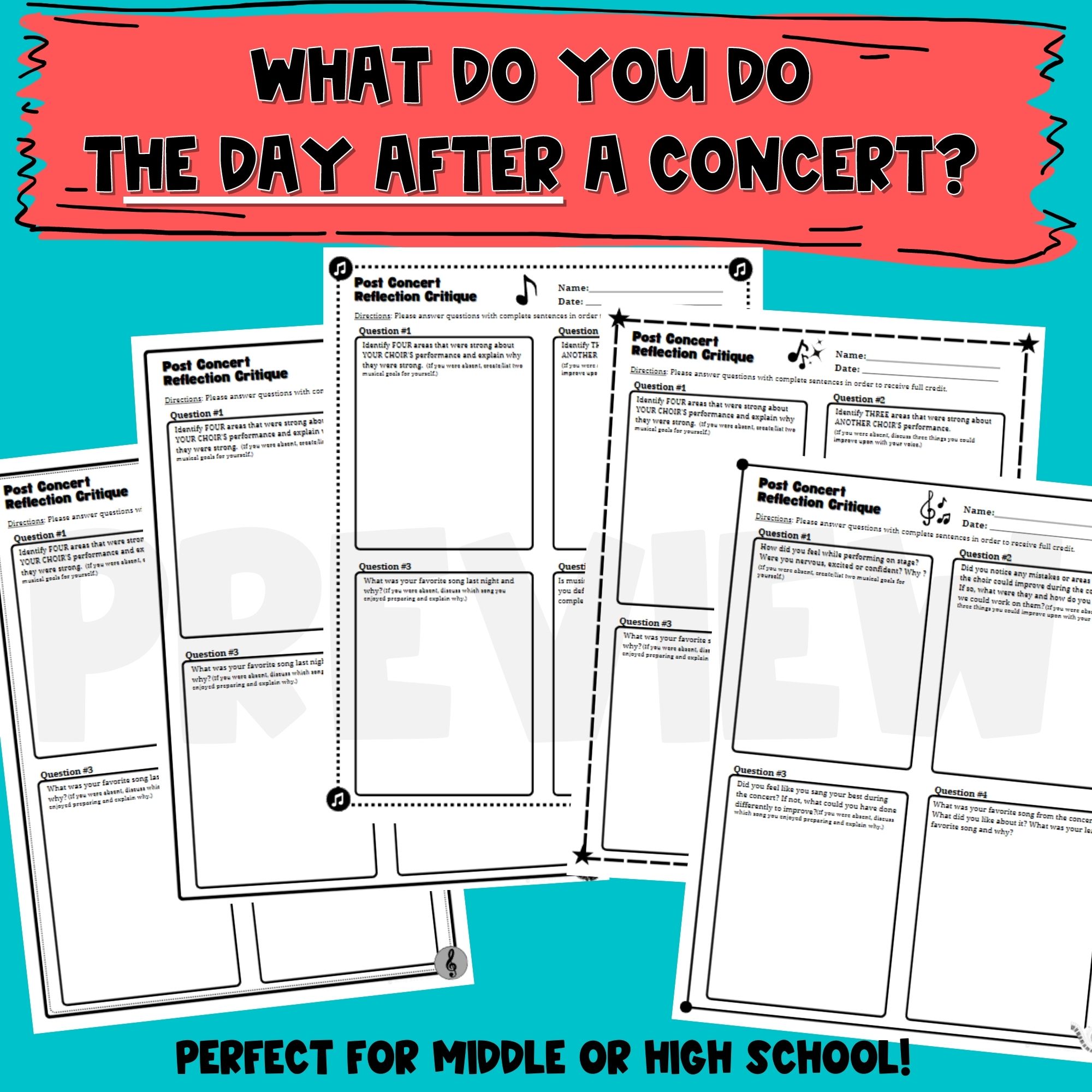 8 Post Choir Concert Reflection Critique Worksheets & Self Assessment