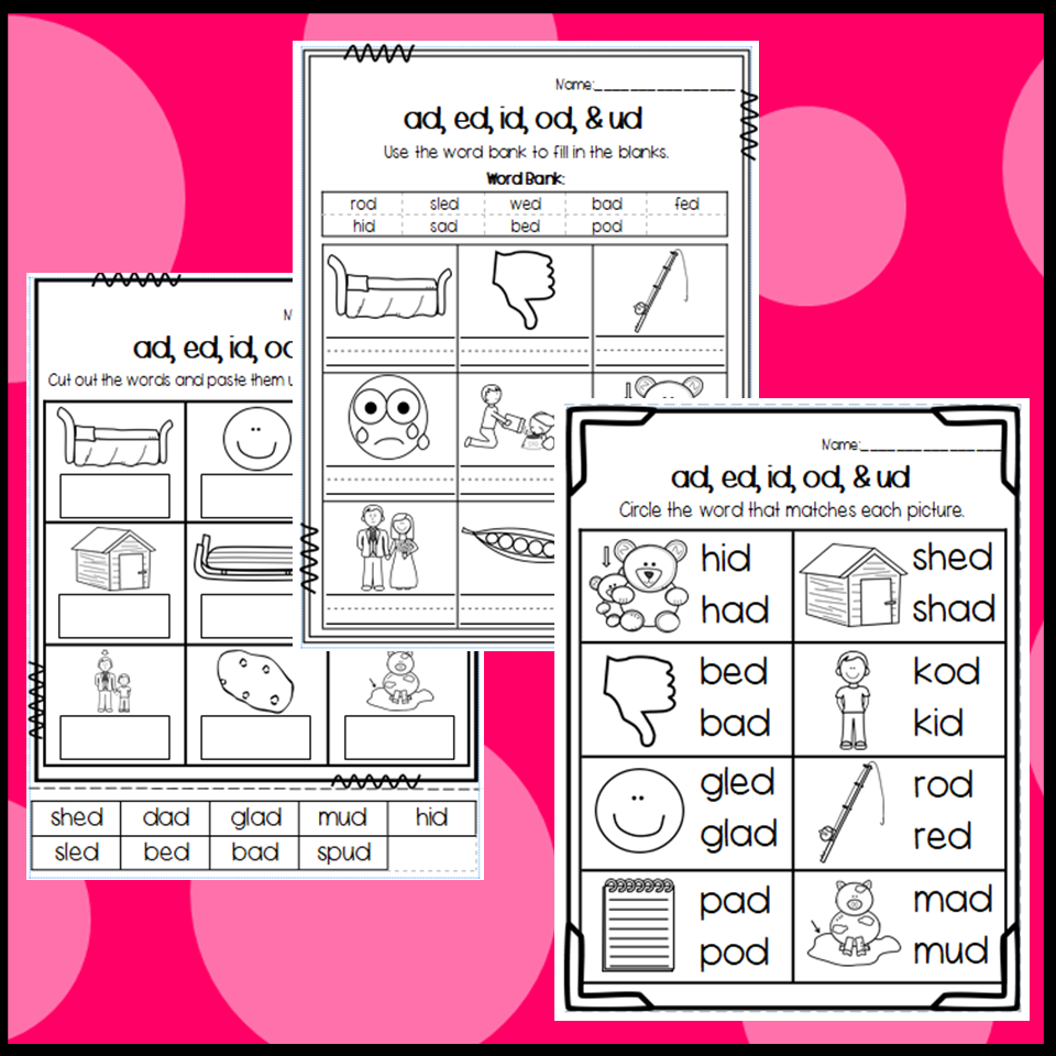 AD ED ID OD and UD Word Family Worksheets Made By Teachers