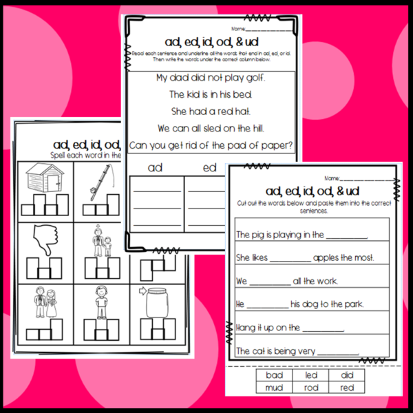AD ED ID OD and UD Word Family Worksheets Made By Teachers