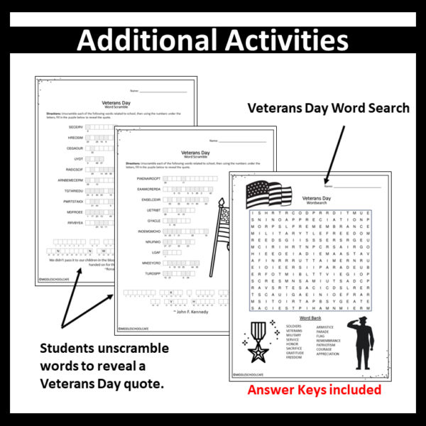 Veterans Day Reading Comprehension Passage with Puzzles - Made By Teachers