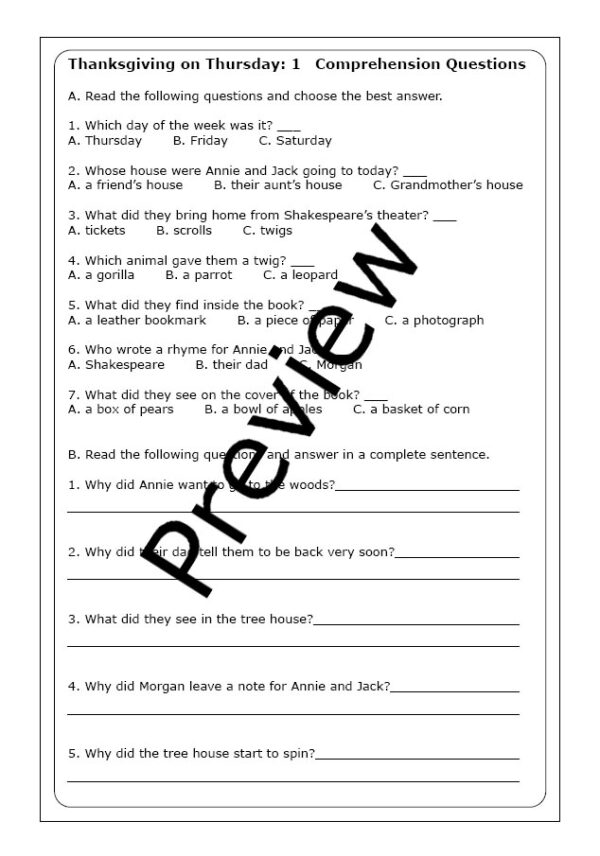 Magic Tree House "Thanksgiving on Thursday" worksheets - Made By Teachers