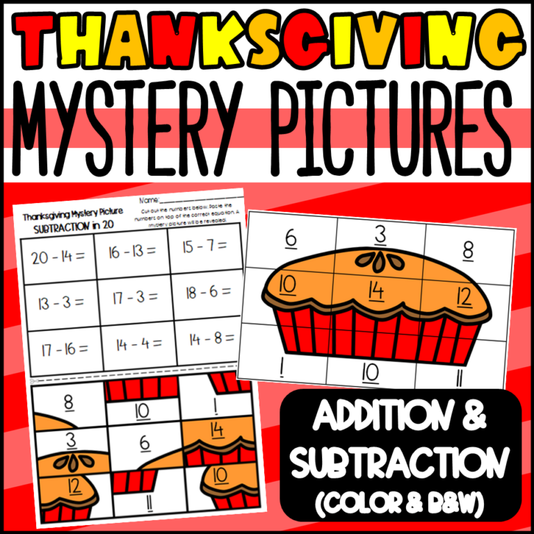 Thanksgiving Addition and Subtraction Mystery Picture Worksheets | Made ...